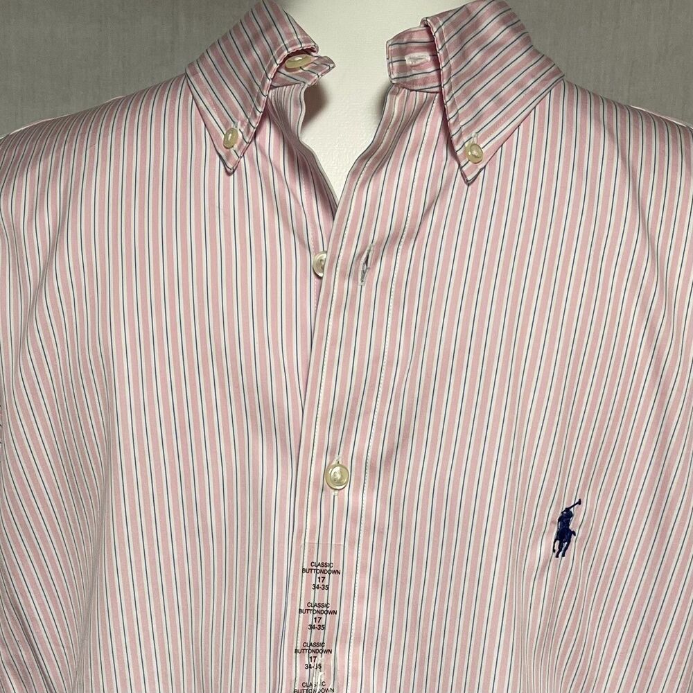 Ralph Lauren Men's Classic Button Down Dress Shirt Pink Blue Stripe Sz 17 34/35